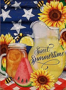 Dyrenson Watermelon Bees Garden Flag Double Sided Sweet Summer, Flower House Yard Flag, Sunflower Star Garden Yard Decorations, Home Decorative Mason Jar Floral Seasonal Outdoor Flag 12 x 18