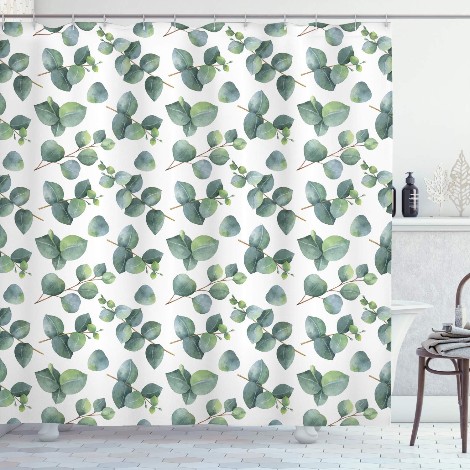 ABAKUHAUS Leaf Shower Curtain, Watercolor Style Pattern Dollar Eucalyptus Leaves and Branches, Cloth Fabric Bathroom Decor Set with Hooks, 175 x 240 cm, Green Light Brown White