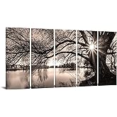 sechars Extra Large 5 Piece Wall Art Old Tree by Lake Picture Canvas Prints Sepia Brown Sunrise Landscape Painting Art Modern Home Living Room Decoration Framed Ready to Hang 16"x40"x5PCS (Brown)