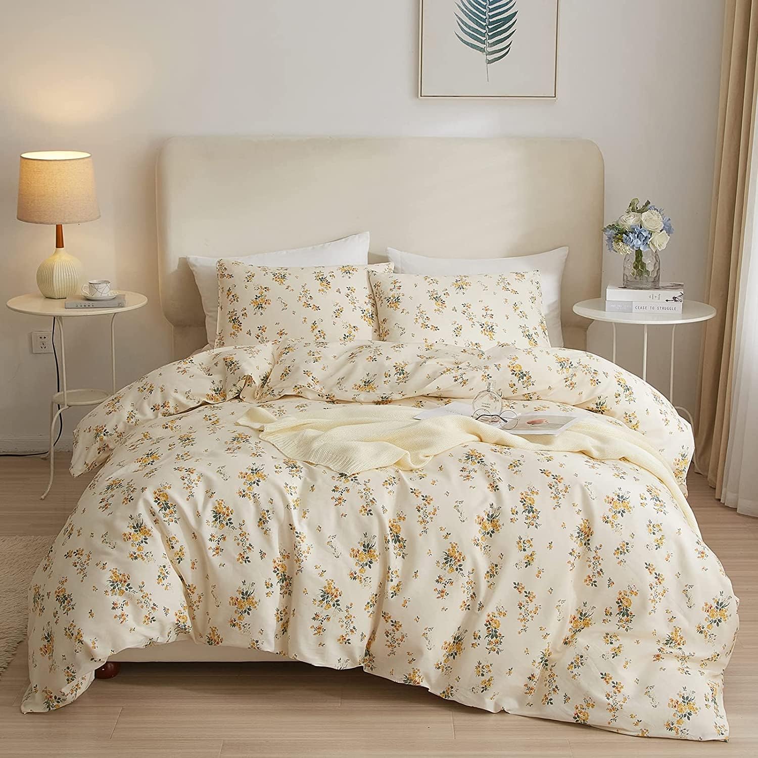 Photo 1 of HighBuy 3 Pieces Duvet Covers Queen Size Yellow Floral Duvet Cover Set,Ultra Soft Cotton Bedding Set Botanical Printed Soft Aesthetic Bed Cover with Zipper Closure 4 Ties All Season
