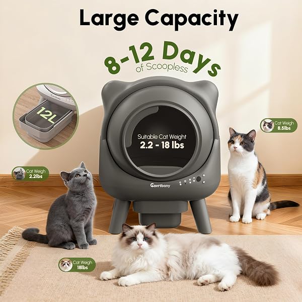 CAVRTBANY AUTOMATIC LITTER BOX, SELF CLEANING LITTER BOX, CAT ROBOT FOR MULTIPLE CATS, WITH SMART APP CONTROL AND HEALTH MONITORING, SAFETY SENSORS, WITH TRASH BAGS, GREY