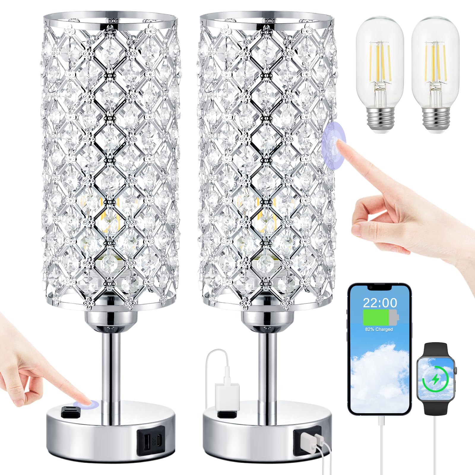 Photo 1 of ***only ONE pcs****Crystal Lamp Touch Control Set of 2, Sliver Crystal Table Lamps with USB C+A Ports & AC Outlet, 3-Way Dimmable Nightstand Touch Lamp, Modern Bedside Table Lamp for Bedroom(Bulbs Included)