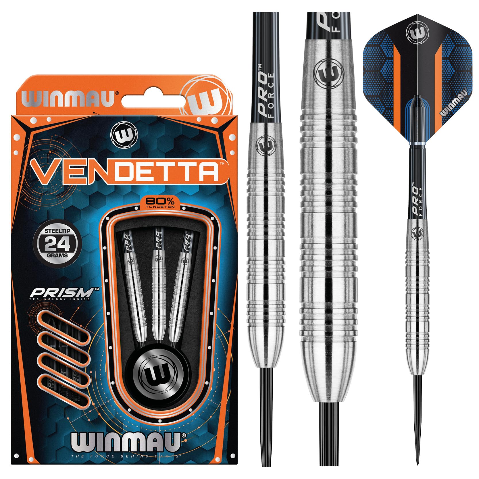 WINMAU Darts - Vendetta 24g 80% Tungsten Darts Set – High-Density Tungsten Dart Construction, Precision Steel Tips, Flights – Professional Dart Set - Competitive Play & Practice