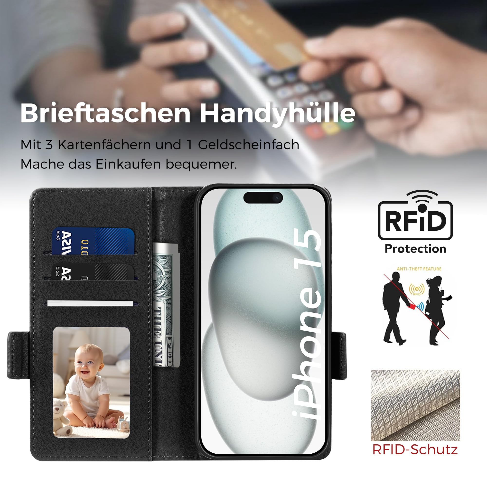 CASBST Handyhülle für iPhone 15 Hülle Premium Leder Schutzhülle Klappbar mit Kartenfach Ständer Magnet für iPhone 15 Handytasche mit RFID Kameraschutz Flip Case Klapphülle für iPhone 15 Schwarz