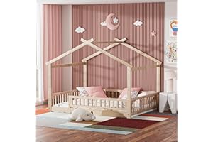 LLS Full Size House Bed with Fence, Wooden Montessori Bed with Slats Support, Floor Bed Frame for Boys Girls Bedroom, Natural