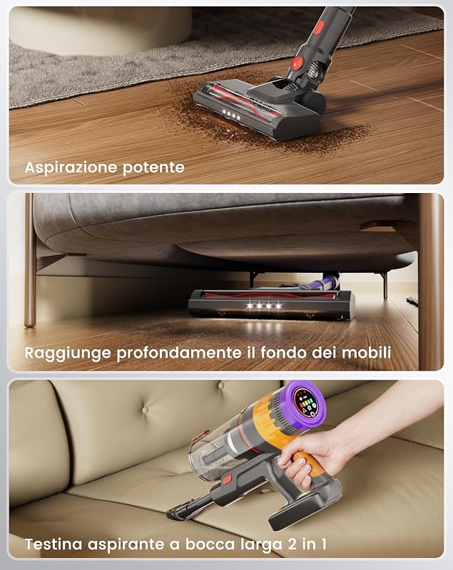 V1 Aspirapolvere Senza Fili 40000Pa, Scopa Elettrica con LED Touch