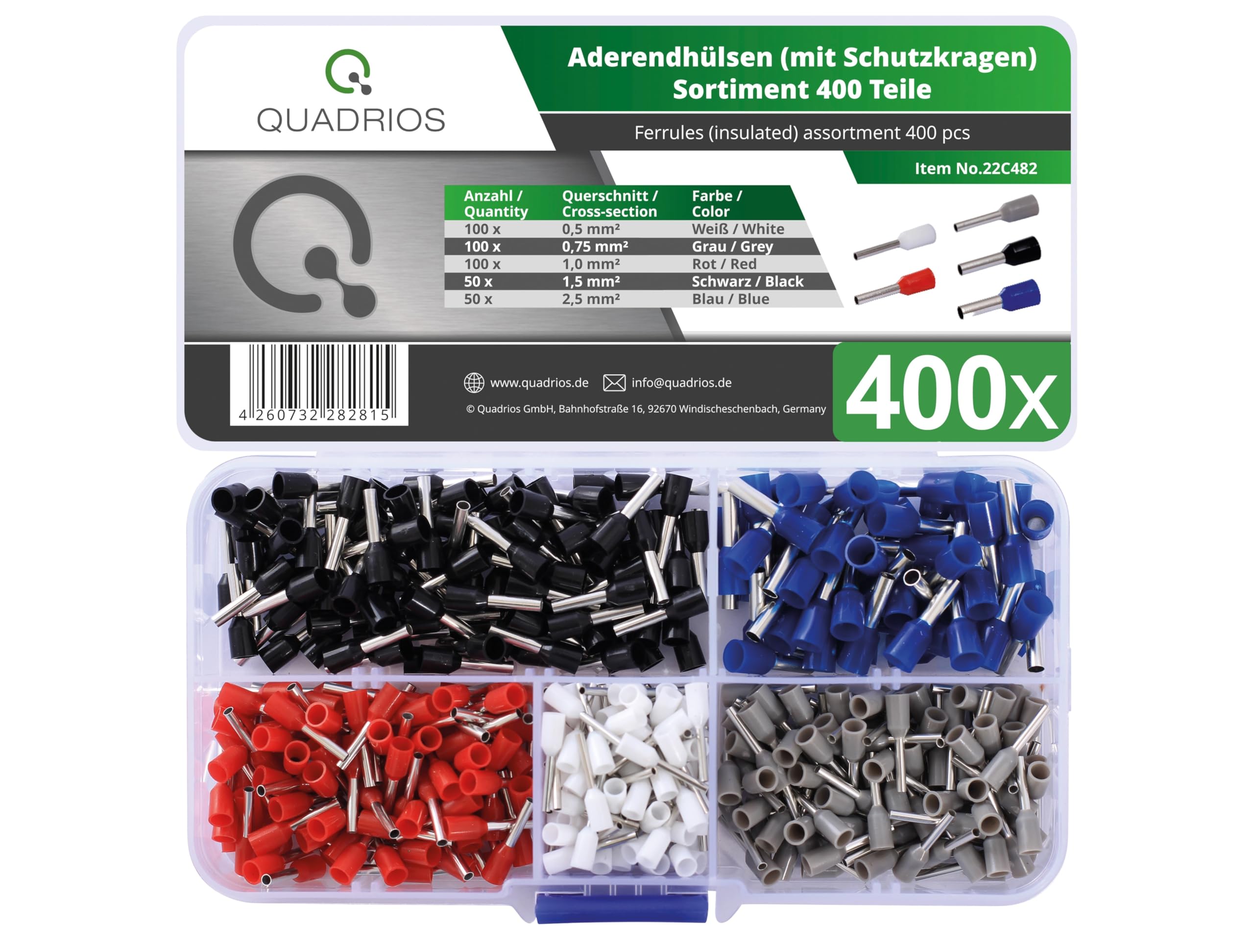 Quadrios 400 Insulated Wire End Ferrules Set, Partially Insulated Wire End Ferrules, Optimal Processing with Crimping Pliers for Wire Sleeves