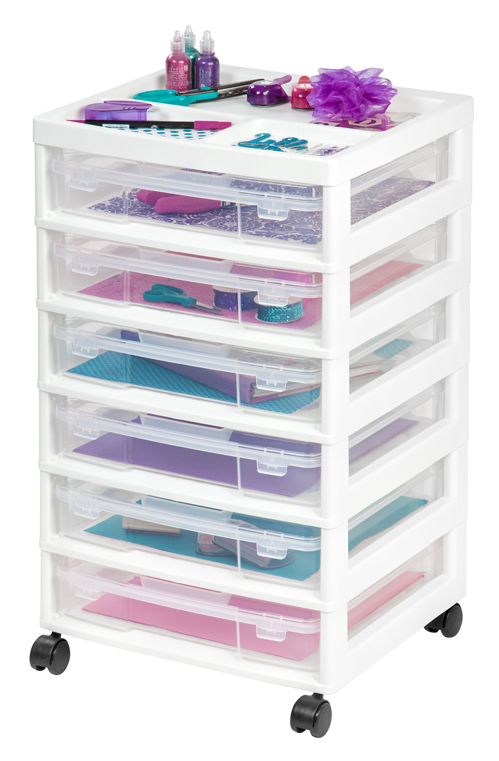 Photo 1 of **reference image**IRIS USA Fits 12" x 12" Paper, 6-Tier Scrapbook Rolling Storage Cart with Organizer for Stationery Vinyl Tools Office Art and Craft Supplies, Yarn, 6 Clear Cases w/ Built in Handle - White/Clear