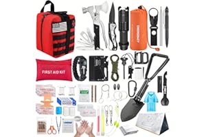 EWOVUV Survival Kit, 252Pcs Survival Gear First Aid Kit with Molle System Compatible Bag and Emergency Tent, Emergency Kit for Earthquake, Outdoor Adventure, Hiking, Hunting, Gifts for Men Women (Red)