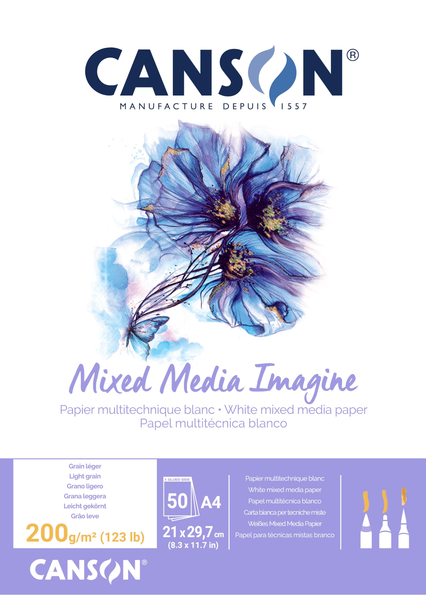 Canson Imagine A4 200g White Mixed Media Paper Pad, Light Grain, Markers, Brushes, Felt Tip-Pens, For Professional Artists & Illustrators — image 1