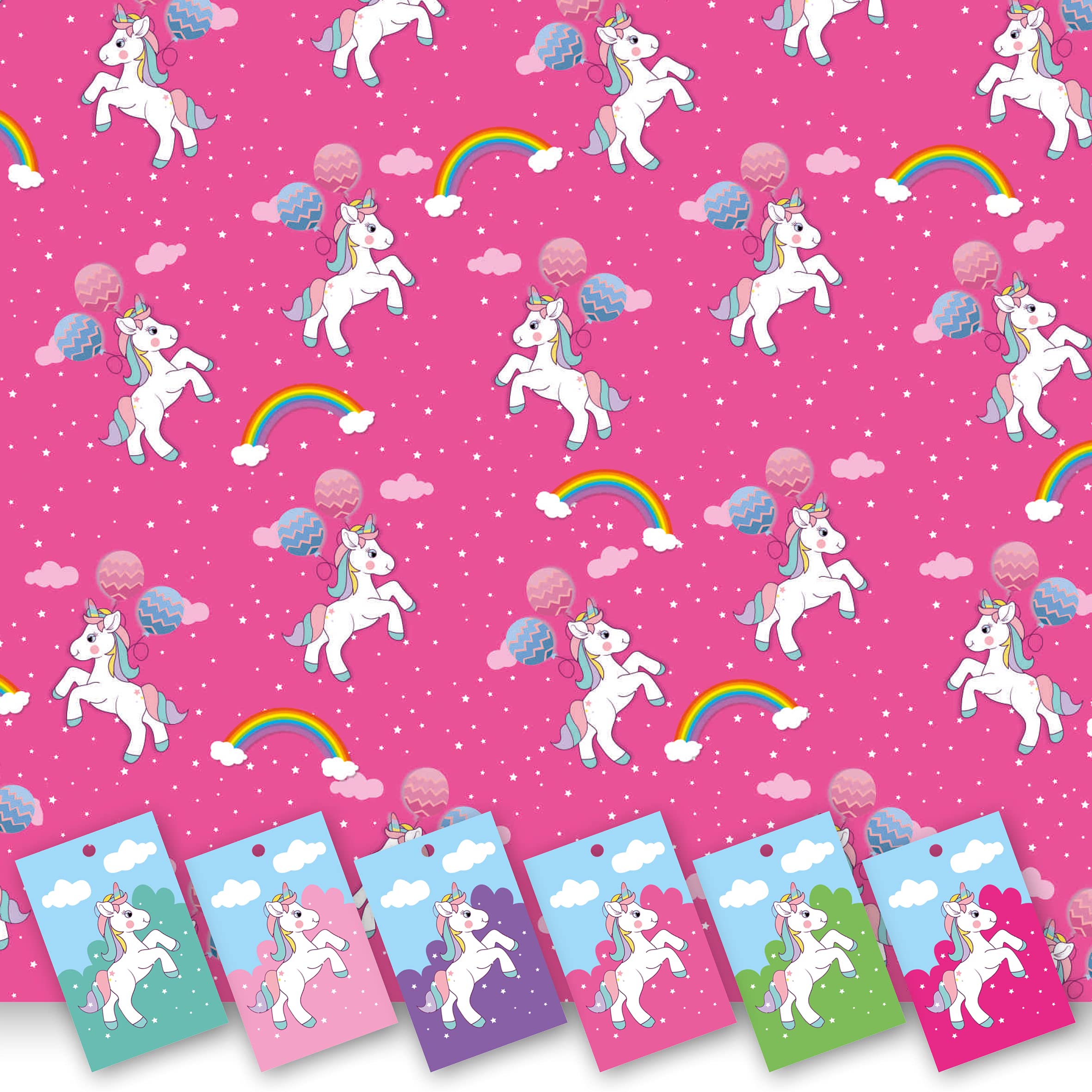 Pink Unicorn Wrapping Paper. 5 XL Sheets (50 x 70cm). Gift Wrap with Matching Tags. Cutting Grid on Reverse.