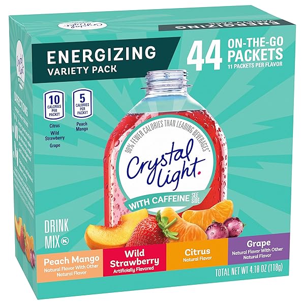 CRYSTAL LIGHT ENERGIZING DRINK MIX WITH CAFFEINE VARIETY PACK, 44 PACKETS FOR ON-THE-GO HYDRATION, PEACH MANGO, WILD STRAWBERRY, CITRUS, GRAPE, NATURALLY AND ARTIFICIALLY FLAVORED, ZERO SUGAR, 4.18 OZ