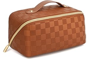 MIYCOO Makeup Bag, Large Capacity Travel Cosmetic Bag for Women, Waterproof Travel Makeup Bag Organizer, Open Flat Toiletry Bag, Portable Pouch with Divider and Handle Brown