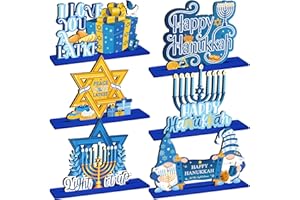 Shellwei 6 Pcs Hanukkah Table Decorations Hanukkah Wooden Table Sign Happy Hanukkah Table Centerpiece Gnome Menorah Hexagram Wooden Signs for Chanukah Home Table Tier Tray Party Decor