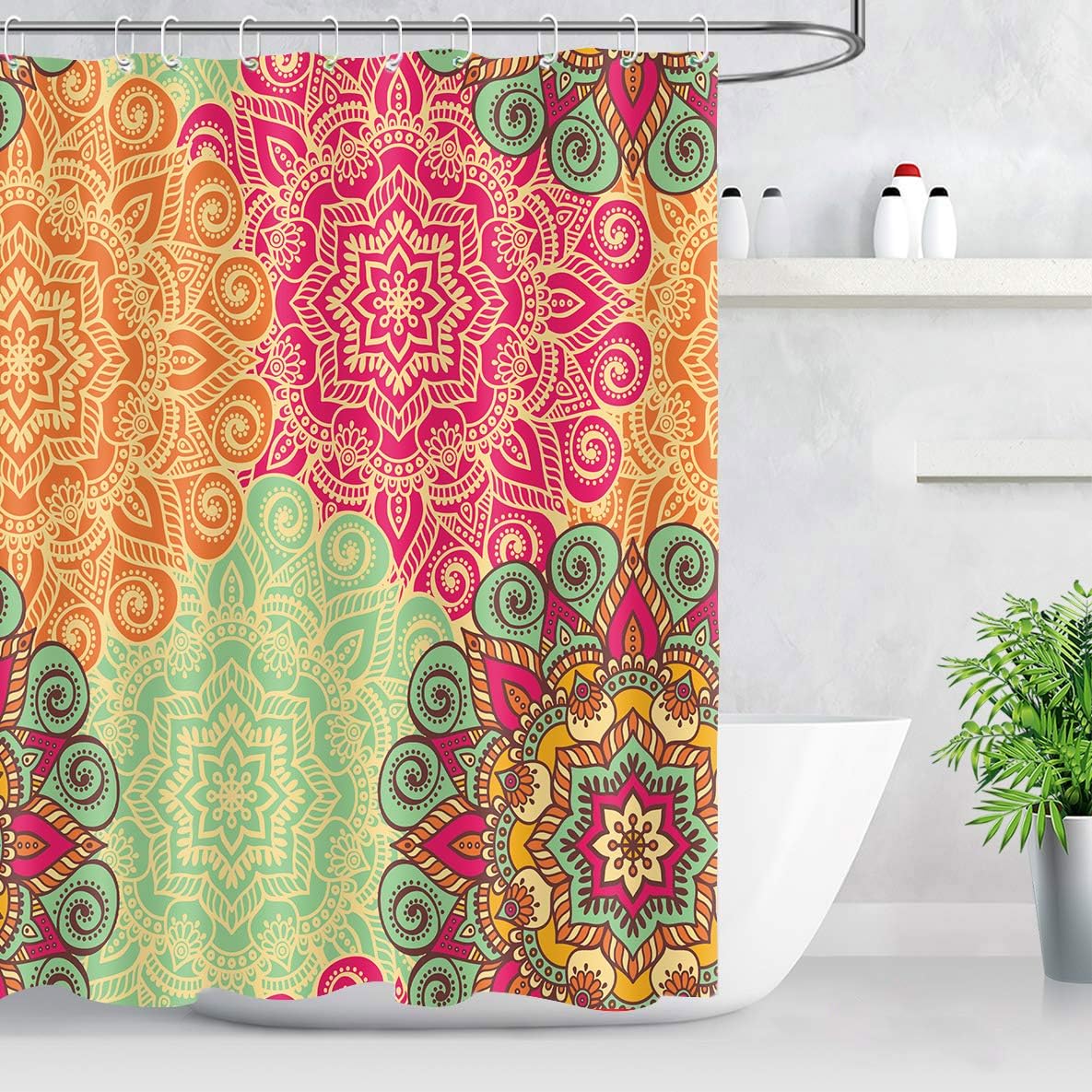 NEWTOO Indian Bohemian Shower Curtain for Bathroom, Mandala Floral Boho Bathroom Curtain, Waterproof Fabric Bath Curtains Sets with Hooks, 60W X 72L Inches, LHNT085-60