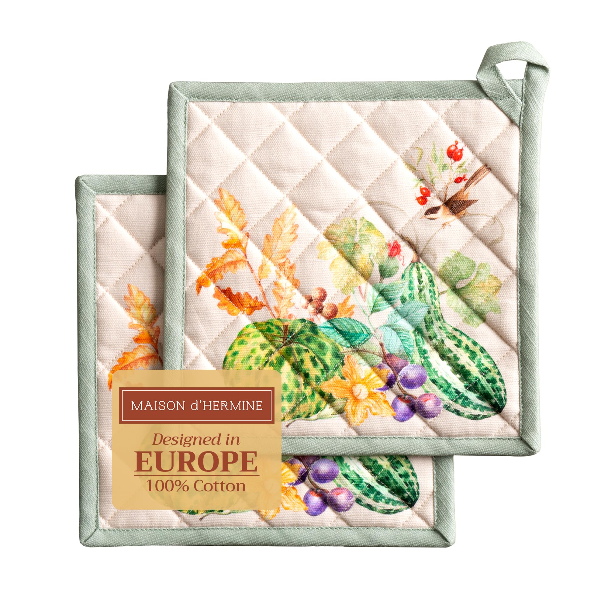 Maison d' Hermine Pot Holders Set 100% Cotton Heat Resistant Potholders 20 cm x 20 cm Hot Pads with Loop for Christmas Decorations BBQ Cooking Baking Handling Hot Pans (Pack of 2, Lumina)