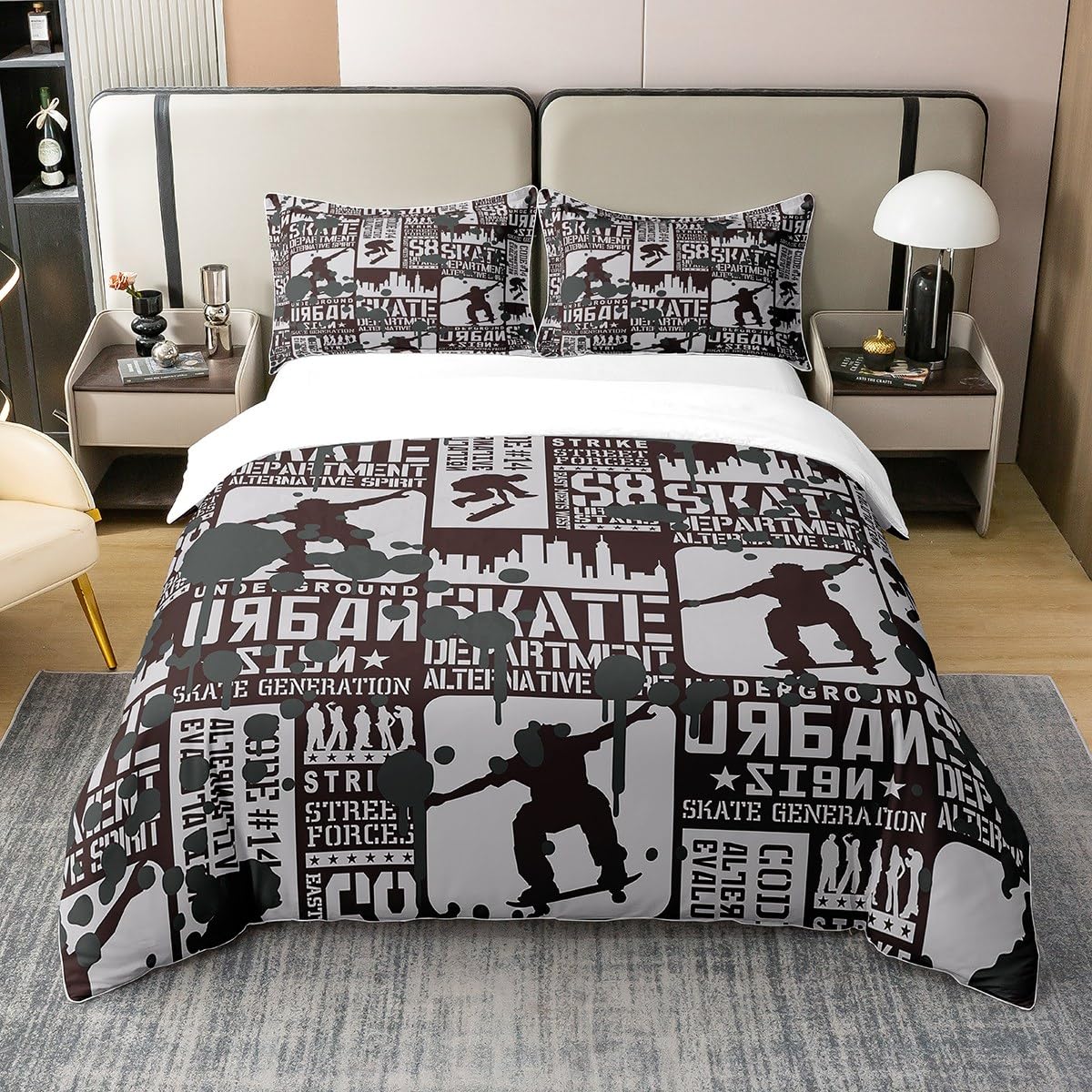 Skateboard Bedding 100% Cotton Set Graffiti Style 100% Cotton Duvet Cover Kids Hippie Street Sports Duvet Set Old Newspaper Geometric Grid Quilt Cover Bedroom Collection 3Pcs Double Size Zipper