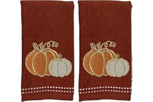 SERAFINA HOME Autumn Fall Bathroom Fingertip Towels Bathroom - Set of 2 100% Cotton Rust Dark Embroidered Orange White Pumpkins with Stitched Border Design- 12" x 18" Festive Bath & Kitchen Decor