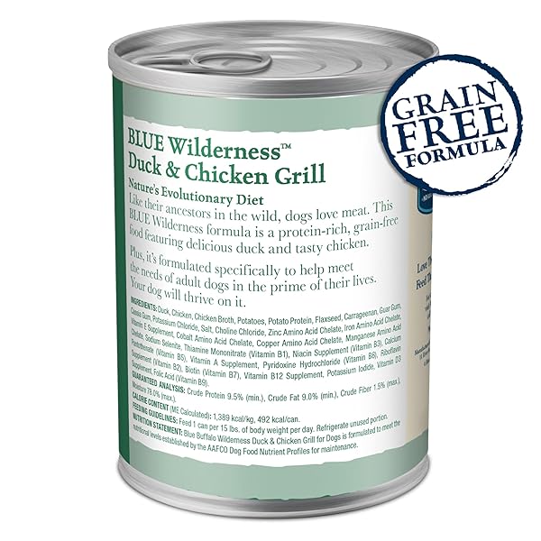 BLUE BUFFALO WILDERNESS ADULT WET DOG FOOD, HIGH-PROTEIN & GRAIN-FREE, MADE WITH NATURAL INGREDIENTS, DUCK & CHICKEN GRILL, 12.5-OZ. CANS, 12 COUNT