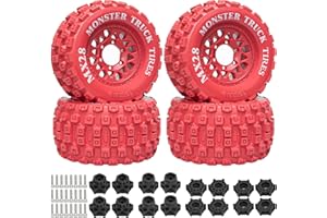 LRFHL MX28 F/R 2.8" RC Tire and Wheels with 12mm/14mm Hex Adapter, 1/10 RC Monster Truck Tires Compatible with Traxxas Stampede Rustler Arrma Vortek Big Rock Granite (4PCS, Red)