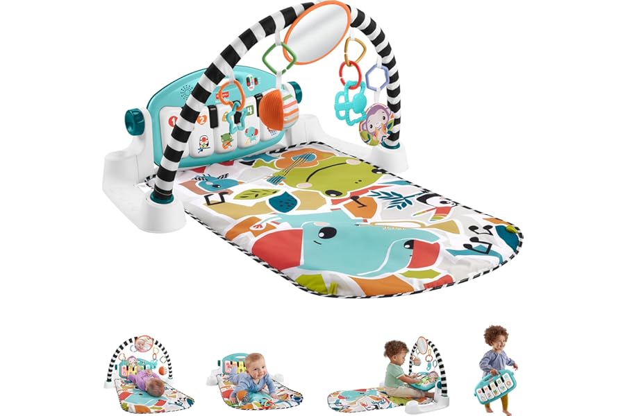 Fisher-Price Baby Playmat Glow and Grow Kick & Play Piano Gym, Blue Musical Learning Toy with Developmental Activities for Newborns 0+ Months