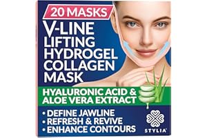 Stylia Double Chin Mask - V Line Chin Strap - Toning Hydrogel Collagen Face Mask with Hyaluronic Acid & Aloe Vera - 20PC