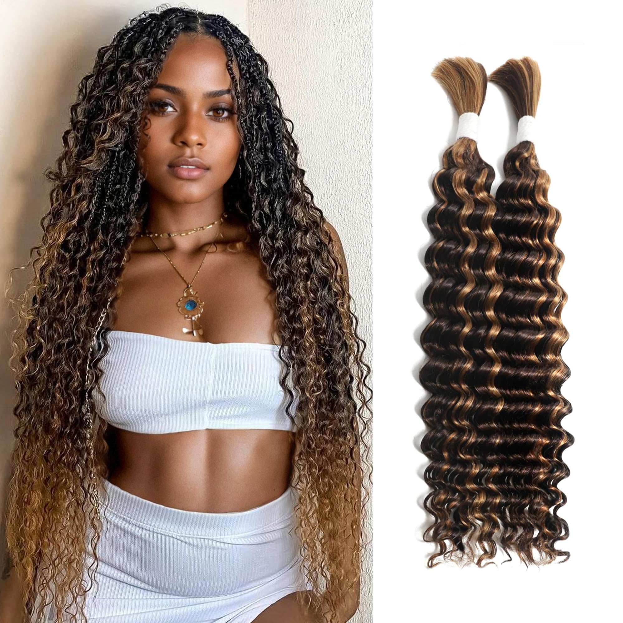 Human 10A Brazilian Curly Hair for Braiding - 2 Bundles No Weft Micro Extension - Virgin Hair (P4-30#, 100g 18") โ image 1