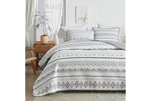 Flysheep 2-Piece Bohemian Geometric Twin Quilt Set for Kids, Aztec White n Black Boho Striped Summer Lightweight Bedspread/Coverlet Set, Brushed Microfiber for All Season - 68" x 86"