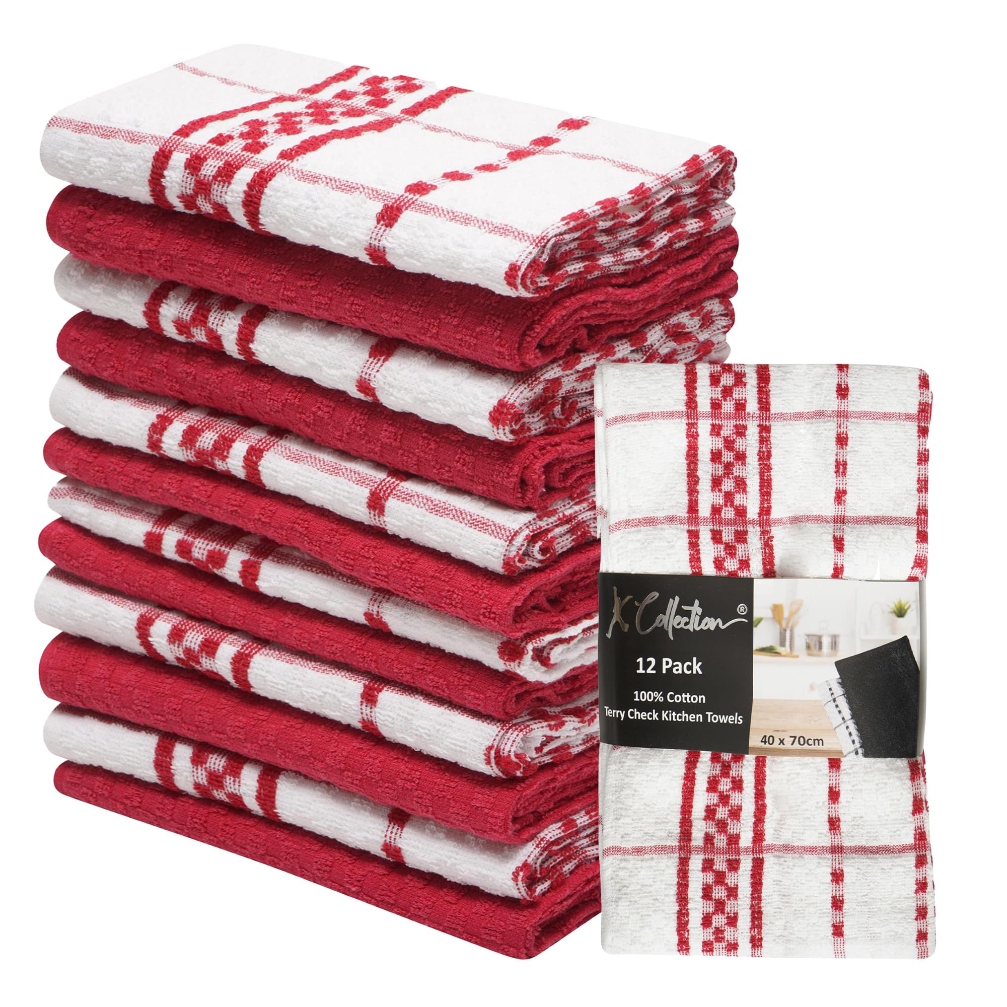 K Collection 12 Pack Check Kitchen Towels Set - 40 x 70 cm, Red and White - 100% Ring Spun Cotton (285GSM) Super Soft and Absorbent Dish and Bar Towels