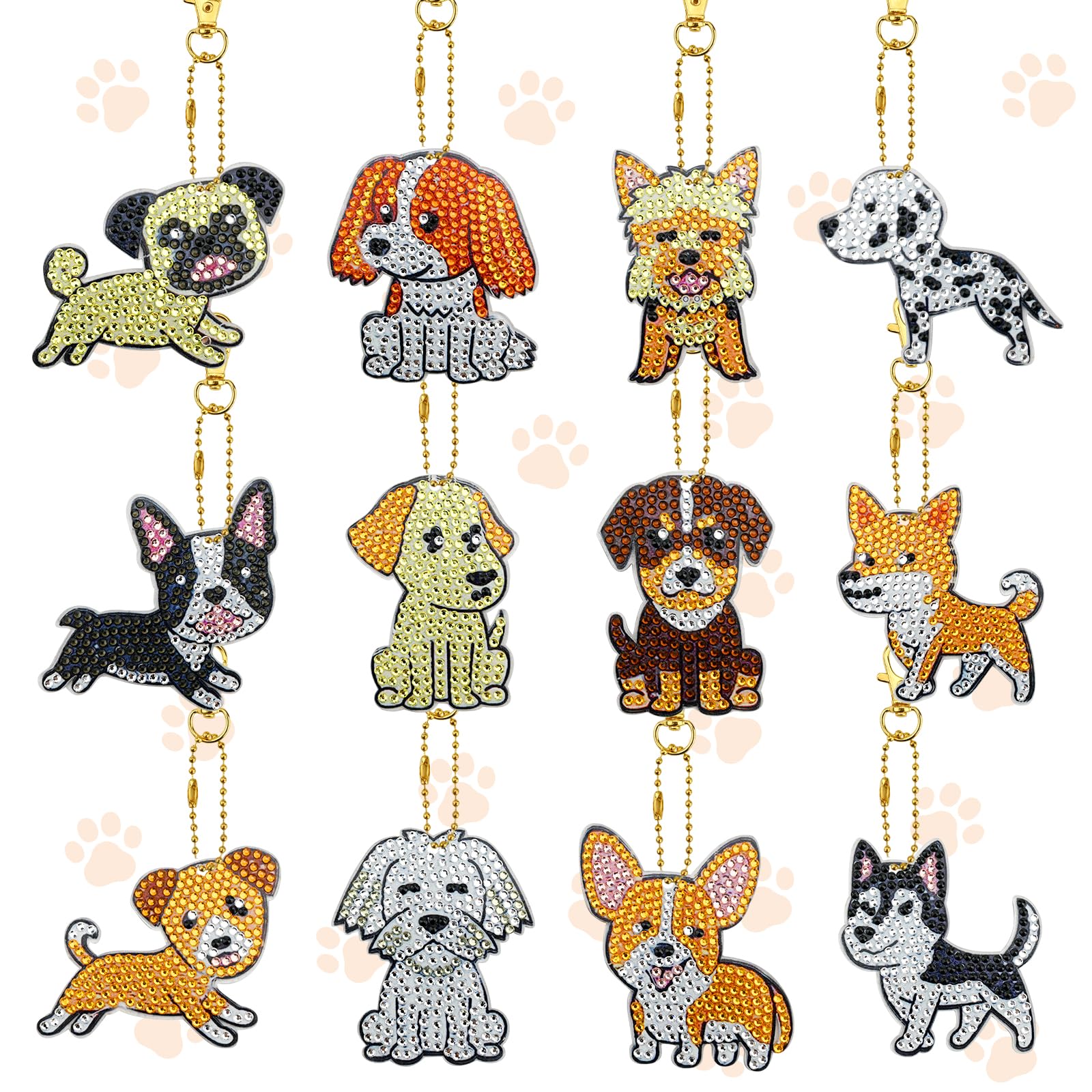 Jodsen 12 Pcs 5D DIY Diamond Painting Keychains,Dog Double Sided Mosaic Decoration Diamonds Art Keyrings Kids,Dog Animal Crystal Art Diamond Painting Keyrings Kits for Kids,Adult,Beginners