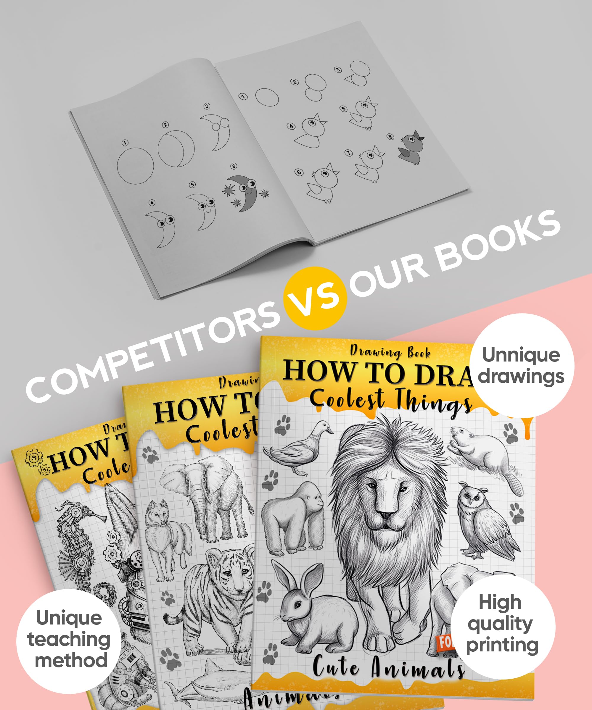 How to Draw Coolest Things Cute Animals: Step-by-step, Fun, and Easy Sketching Guide for kids. Learn to Draw Dogs, Cats, Lions, Elephants, Dolphins, and more!