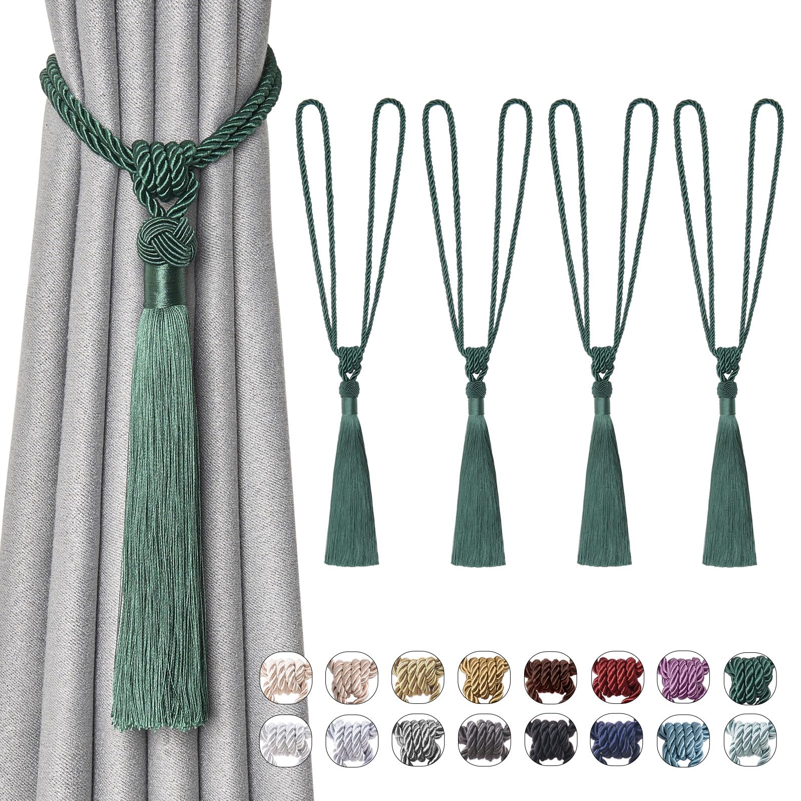 Pretty Jolly 4 Pack Long Tassel Curtain Tiebacks Handmade Braided Rope Knot Drape Tie Backs European Style Decorative Curtain Holdbacks for Home & Office Window Drapery (Green)