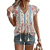 Vivilli Womens Summer Boho Tops Trendy 2026 Ruffle Short Sleeve Peasant Blouses Casual Tie Front Loose Tunic Vacation Clothes