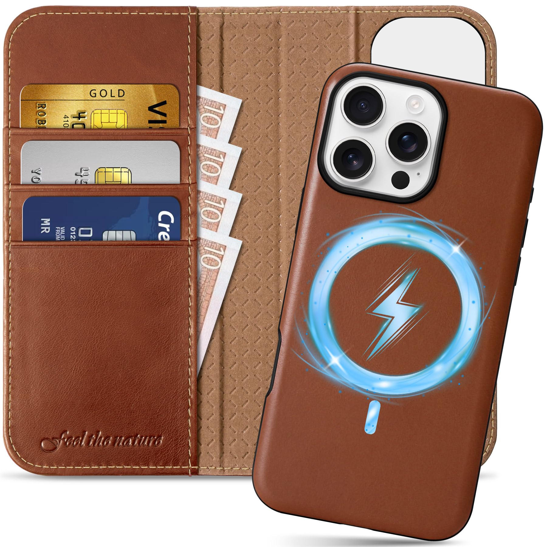 Photo 1 of SHIELDON Case for iPhone 16 Pro Max 6.9", Genuine Leather 2 in 1 Wallet Kickstand RFID Blocking Card Holder Magnetic Shockproof Wireless Charging Case Compatible with iPhone 16 Pro Max - Retro Brown