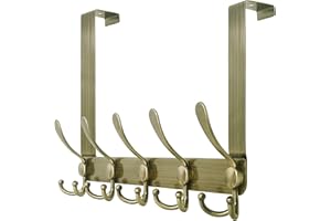 SKOLOO Over The Door Hook - for Doors up to 1-3/4'' Thickness, Metal Door Hanger with 5 Triple Hooks, Bronze Over The Door Hanger for Coats, Hats, Towels
