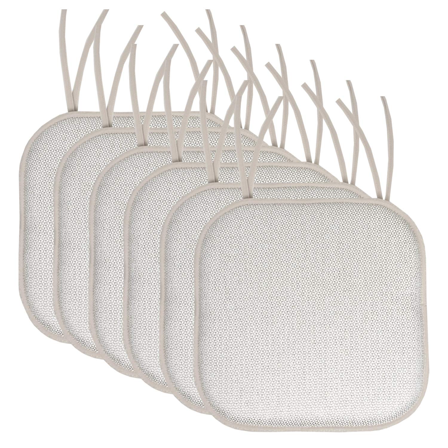 Sweet Home Collection Chair Cushion Memory Foam Pads with Ties Honeycomb Pattern Slip Non Skid Rubber Back Rounded Square 16" x 16" Seat Cover, 6 Pack, Cameron Silver White (Chair Pads with Ties) Image