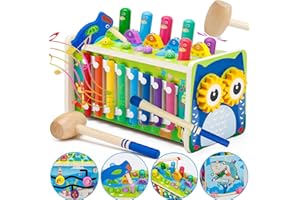 WEELIKEE 7-in-1 Wooden Hammering Pounding Toys for 1 2 3 4 Year Old Boys and Girls, Wooden Montessori Toys for Babies, Whack a Mole Game with Xylophone and Fishing Game Toddler Activities Gift