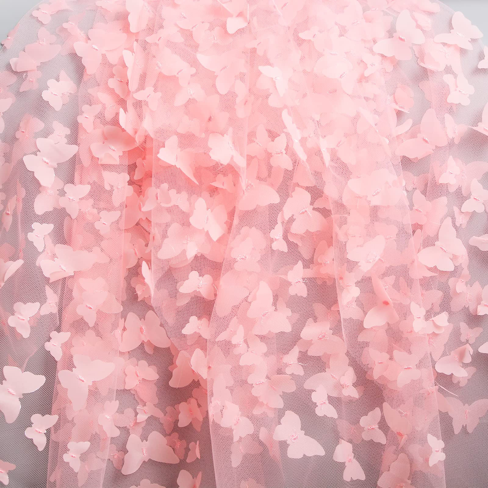 URROMA 1 Yard Embroidery Butterfly Lace Fabric, Pink 3D Butterfly Lace Fabric Mesh Tulle lace for DIY Wedding Dress Costume Accessories Veil Home Decor