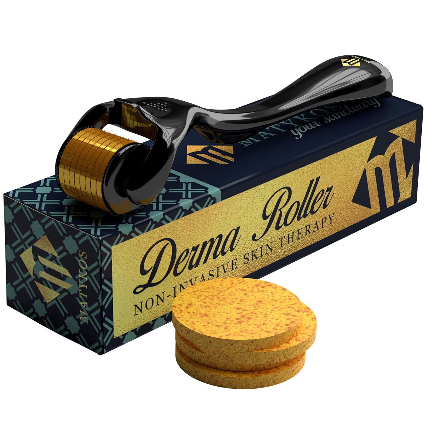 Derma Roller for Face and Body by Matykos - Cosmetic Non-Invasive Micro Needle Tool with 540 Titanium Micro Needles for Beard Growth 0.25mm | BONUS Gift Box, Brochure, 10 Sponges, Storage Case: Beauty