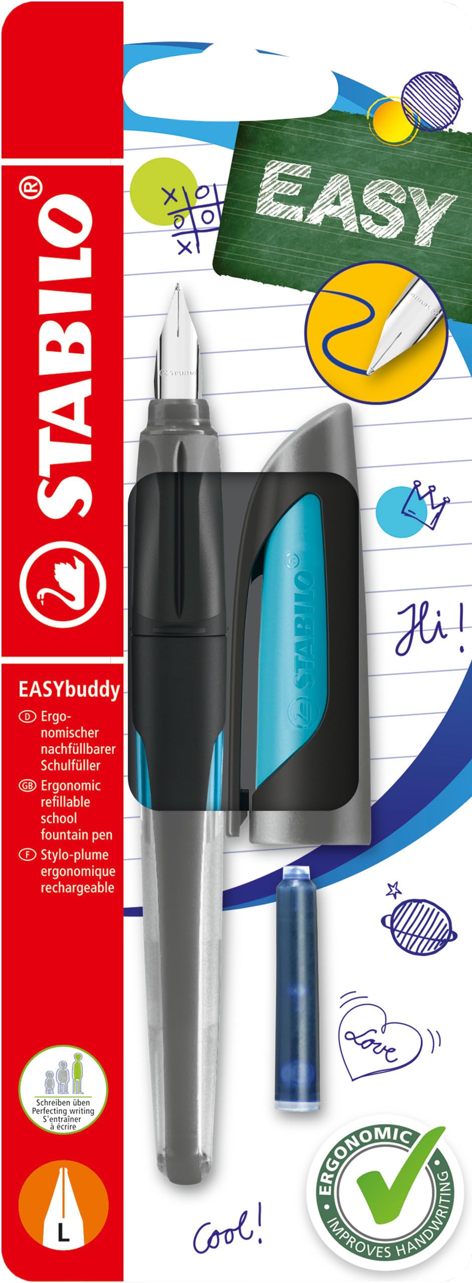 STABILO Ergonomic School Fountain Pen EASYbuddy - Left Handed - Black/Sky Blue