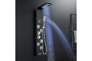 ROVATE 6-in-1 LED Rainfall Waterfall Shower Panel Tower System with 2-Mode Powerful Body Massage Jets, Multi-function Stainless Steel Shower Column System with Handheld and Tub Spout, Black