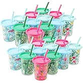 Nuanchu 24 Pcs Hawaii Cups with Straws and Lids 10 oz Tropical Plastic Reusable Cups Palm Leaves Flamingo Pineapple Hibiscus for Summer Party Gift