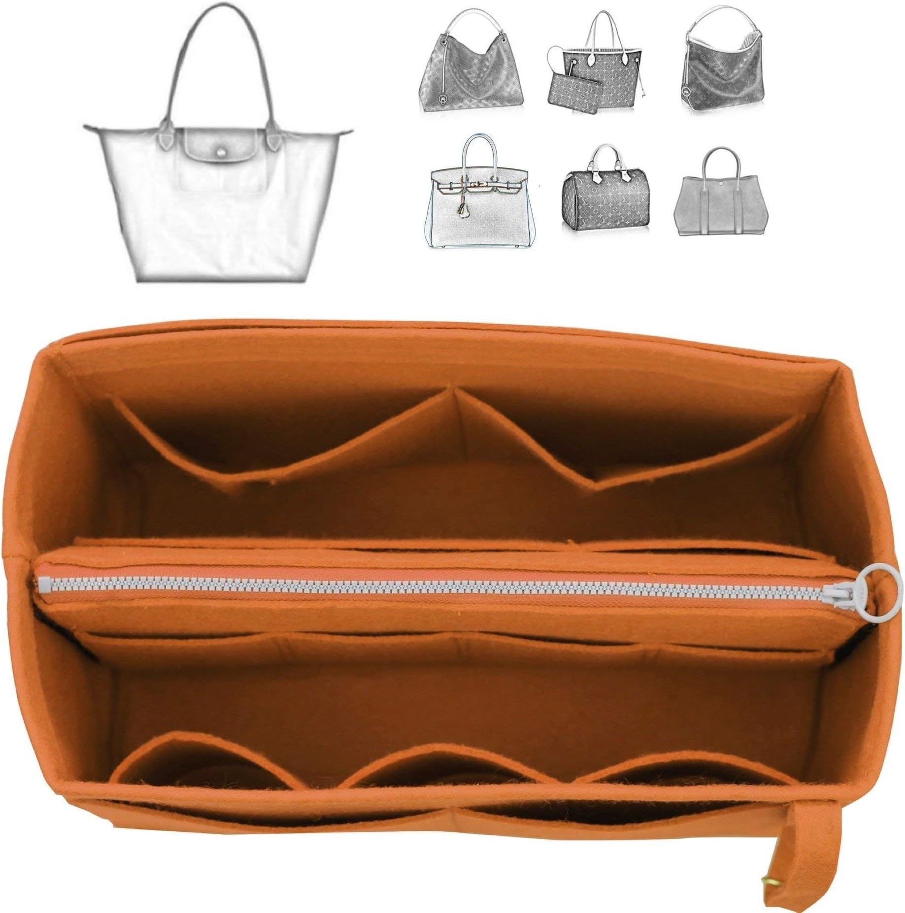 [Fits Long.champ Bags] Felt Tote Organizer (w/Detachable Zipper Bag), Bag in Bag, Wool Purse Insert, Customized Tote Organize, Cosmetic Makeup Diaper Handbag