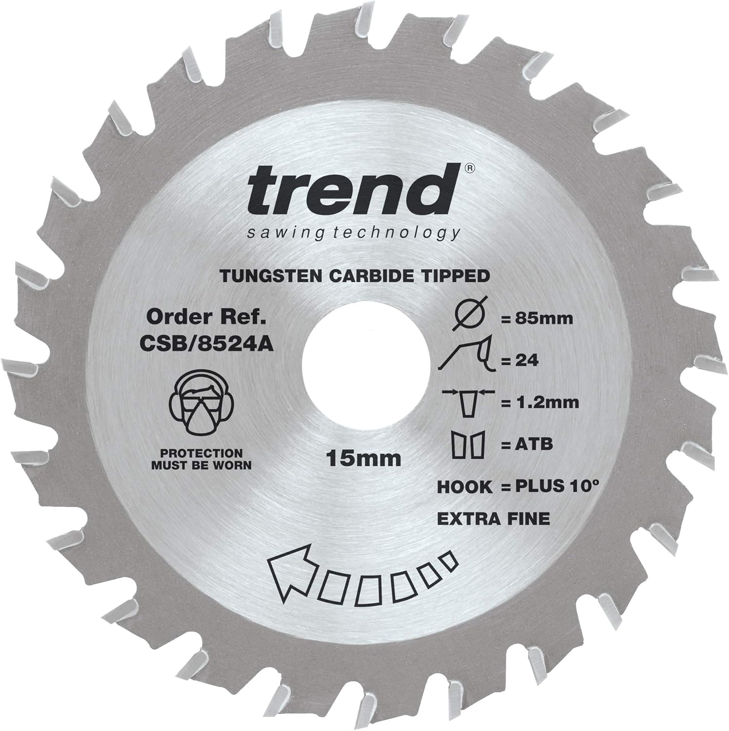 Trend Wood Circular Saw Blade, 85mm Diameter, 15mm Bore, 24 Teeth, 1.2mm Kerf, +14° Hook, TCT, Fine Finish, CSB/8524A