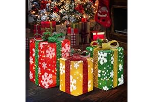 DomKom Set of 3 Tall Christmas Lighted Gift Boxes Decorations - Plug in 60 LEDs Present Box - Rectangular Light Up Xmas Tree Skirt Ornament Outdoor/Indoor Vertical Holiday Decor