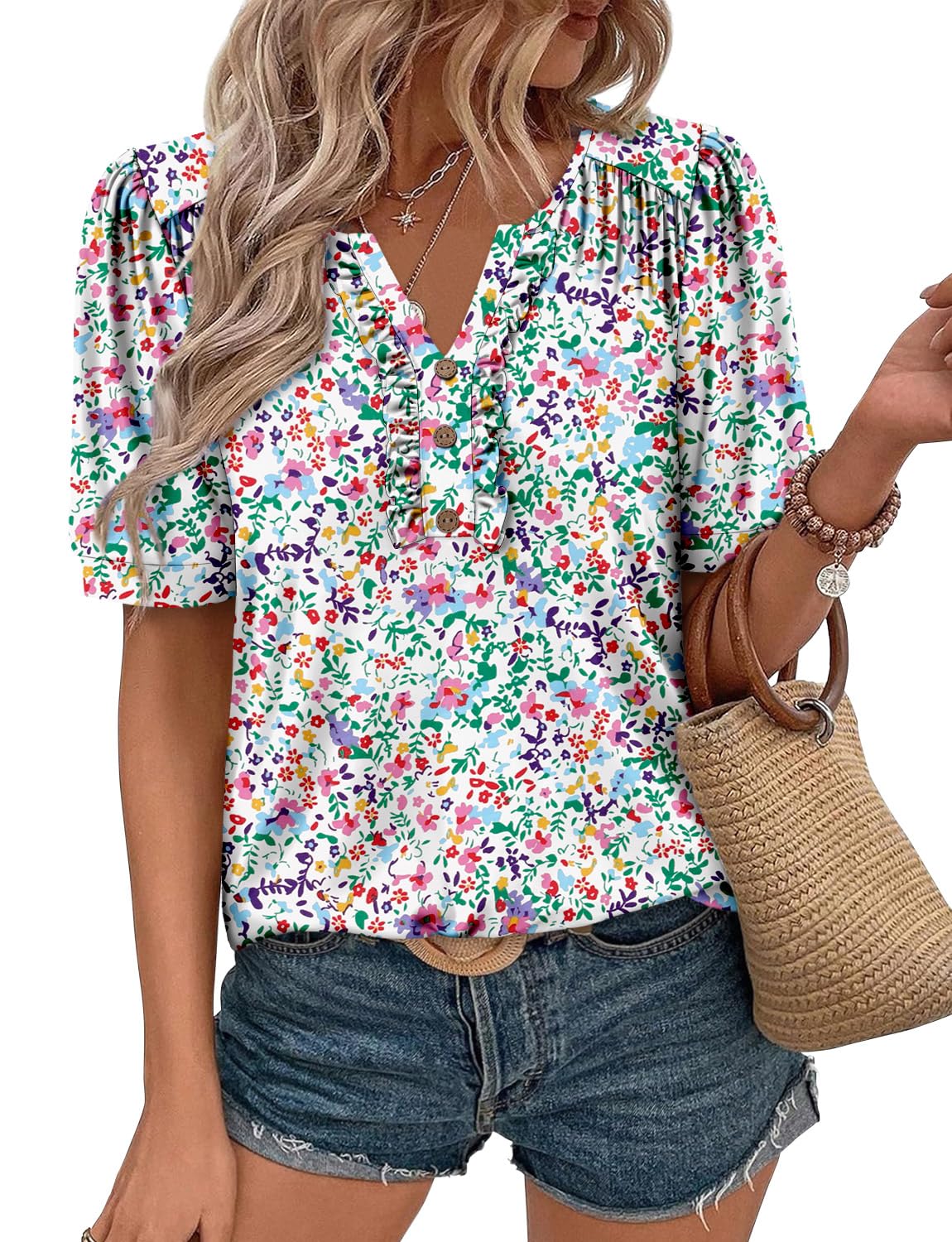 KISSMODA Women's Tunic Tops Casual V Neck Short