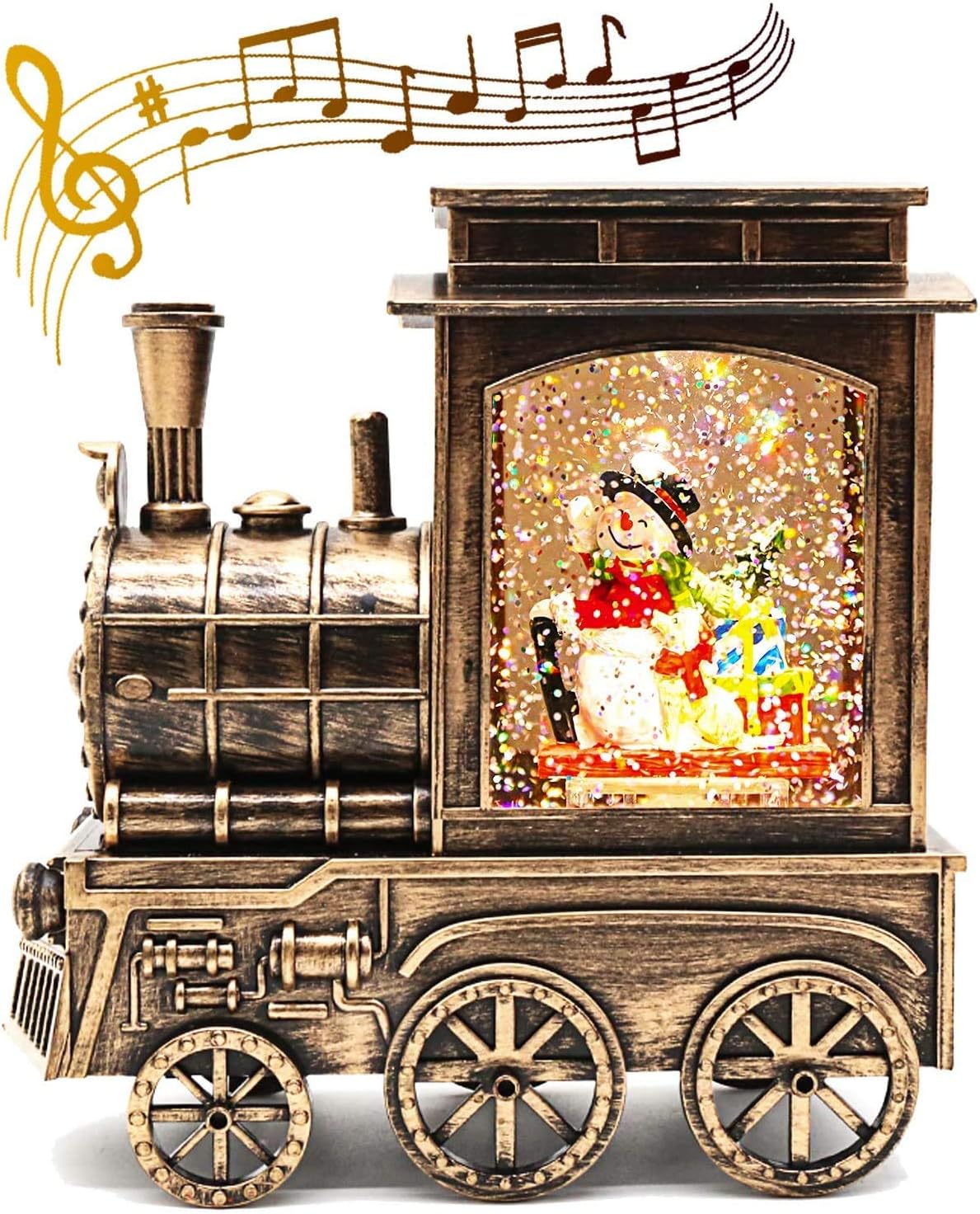 Snow Globes - Christmas Lighted Water Lantern Glittering, Musical Xmas Snow Globe Battery Operated & USB Powered, Singing Water Globe with 8 Songs & 6 Hr Timer for Kids, Scene Snowman in Bronze Train for Home Decor