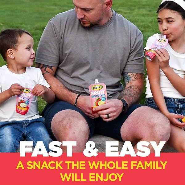 MOTT’S FRUIT SMOOTHIES STRAWBERRY BANANA, 4.2 OZ CLEAR POUCHES, 8 PACK, NON-DAIRY, MADE WITH OATMILK, MADE WITH REAL FRUIT, GOOD SOURCE OF CALCIUM, ON-THE-GO