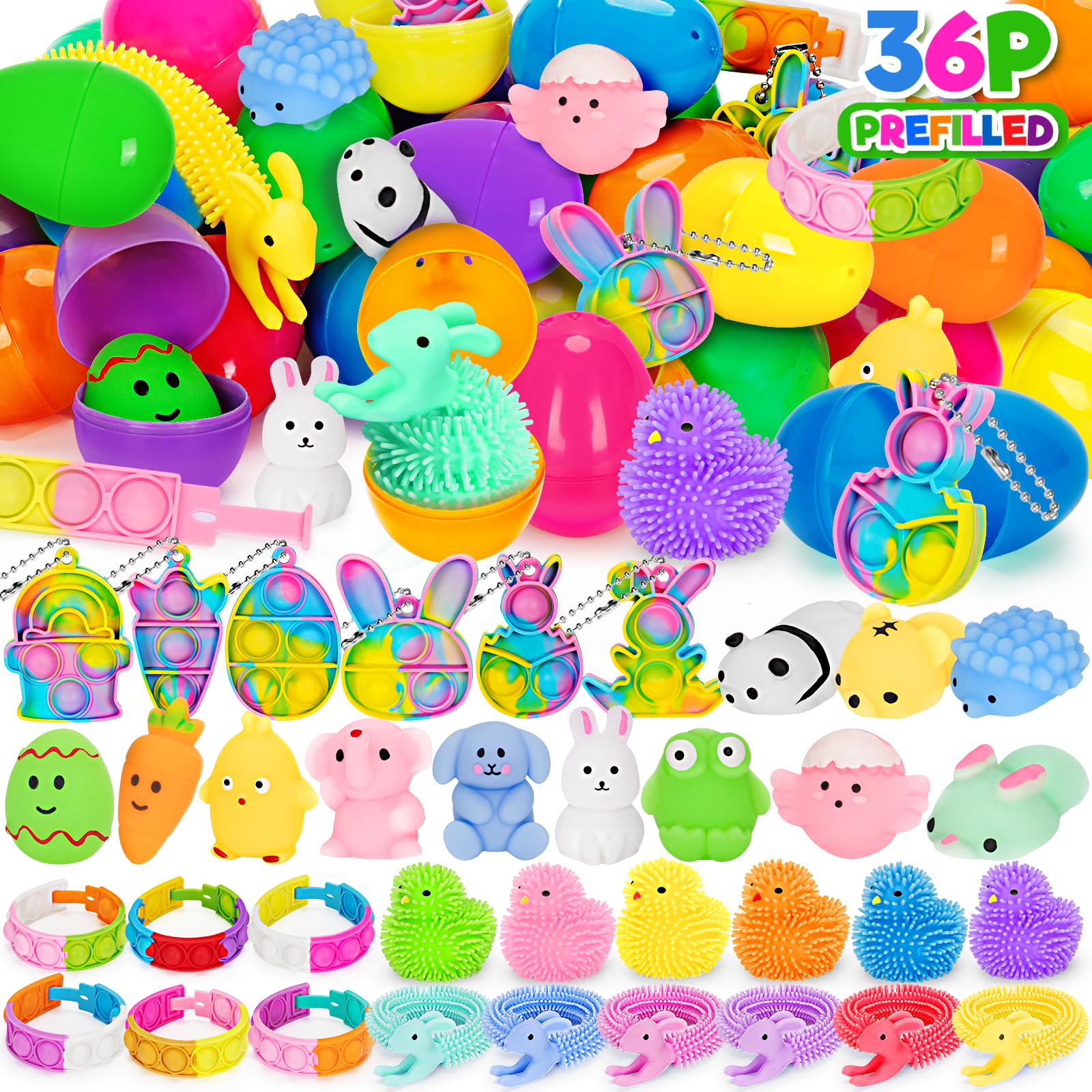 36 Packs Prefilled Easter Eggs with Toys, Plastic Easter Eggs with Toys Inside, Easter Basket Stuffers, Surprise Eggs for Easter Hunt, Easter Classroom Prize Supplies