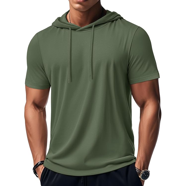 SHERUPOO Men's Short Sleeve Hoodie - Lightweight Cotton Workout & Casual Pullover (Khaki, XX-Large) - View #14